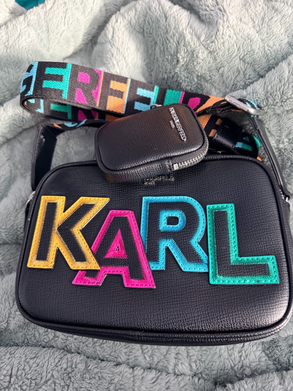 Karl Lagerfeld Black Crossbody with Multicolor KARL Patch and Logo Strap